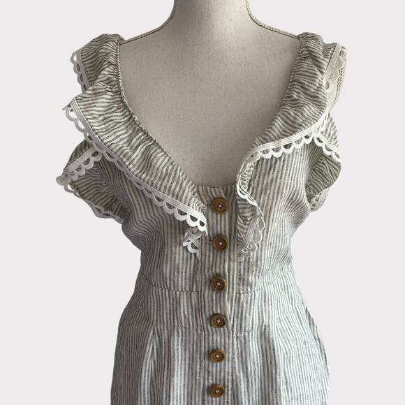 Stevie May Elm Pantsuit 100% Linen Wide Leg Jumpsuit Pin Stripe Eyelet Trim L - Picture 2 of 11